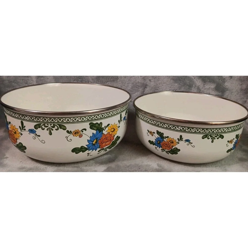 2 Vintage Enamal Mixing Bowls Green Leaves Orange Yellow Blue Flowers‎